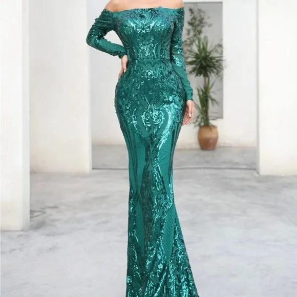 Shein Dresses | Missord Zip Back Bardot Sequin Maxi Dress | Color: Blue/Green | Size: S | Saedasuly12'S Closet